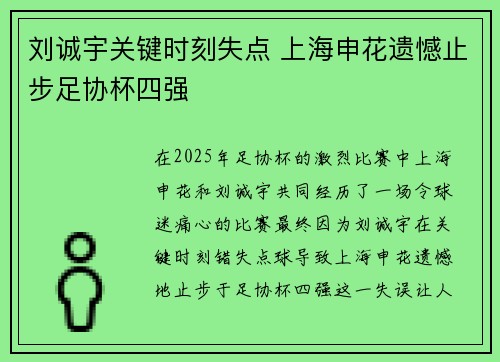 刘诚宇关键时刻失点 上海申花遗憾止步足协杯四强