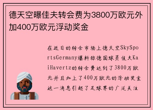 德天空曝佳夫转会费为3800万欧元外加400万欧元浮动奖金