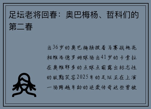 足坛老将回春：奥巴梅杨、哲科们的第二春