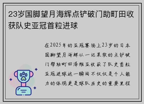 23岁国脚望月海辉点铲破门助町田收获队史亚冠首粒进球